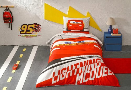 Детское постельное белье TAC CARS LIGHTNING хлопковый ранфорс 1,5 спальный, фото, фотография