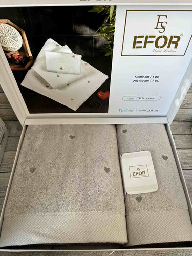 Подарочный набор полотенец для ванной 50х90, 70х140 Efor СЕРДЦЕ хлопковая махра бежевый+зелёный, фото, фотография