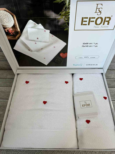 Подарочный набор полотенец для ванной 50х90, 70х140 Efor СЕРДЦЕ хлопковая махра кремовый+красный, фото, фотография