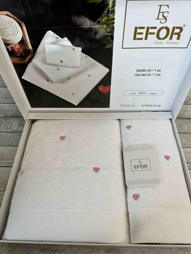 Подарочный набор полотенец для ванной 50х90, 70х140 Efor СЕРДЦЕ хлопковая махра кремовый+розовый, фото, фотография
