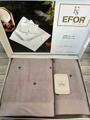 Подарочный набор полотенец для ванной 50х90, 70х140 Efor СЕРДЦЕ хлопковая махра фиолетовый+сиреневый, фото, фотография