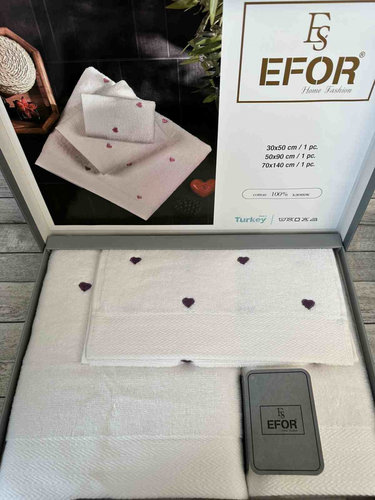 Подарочный набор полотенец для ванной 3 пр. Efor СЕРДЦЕ хлопковая махра кремовый+сиреневый, фото, фотография