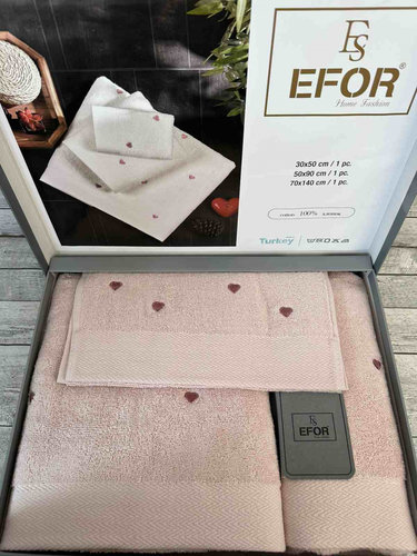 Подарочный набор полотенец для ванной 3 пр. Efor СЕРДЦЕ хлопковая махра сухая роза+розовый, фото, фотография