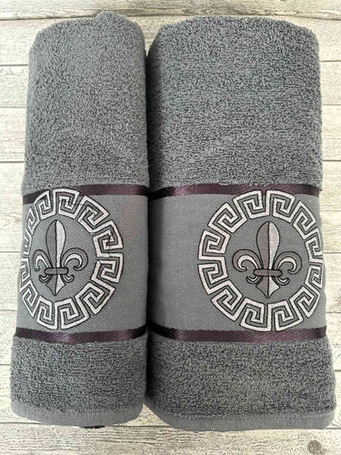 Подарочный набор полотенец для ванной 50х90, 70х140 Efor GREKLI DAMASK хлопковая махра тёмно-серый, фото, фотография