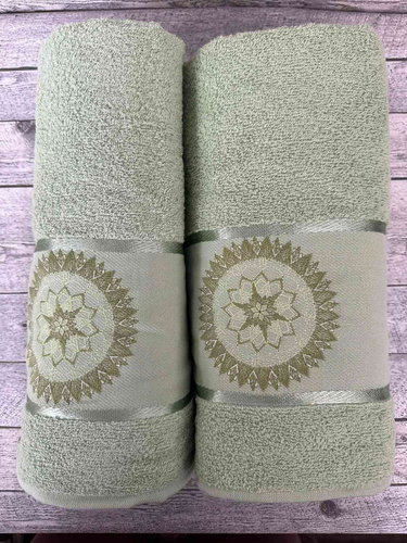 Подарочный набор полотенец для ванной 50х90, 70х140 Efor MANDALA хлопковая махра зелёный, фото, фотография