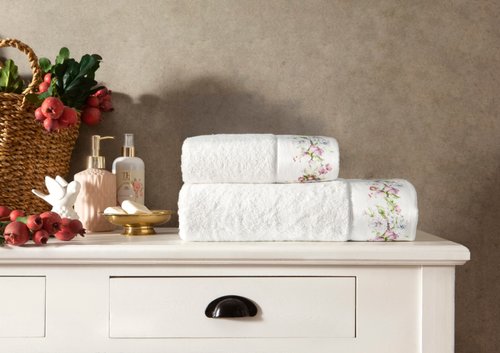 Подарочный набор полотенец для ванной 2 пр. Tivolyo Home NARSUSSE хлопковая махра кремовый, фото, фотография