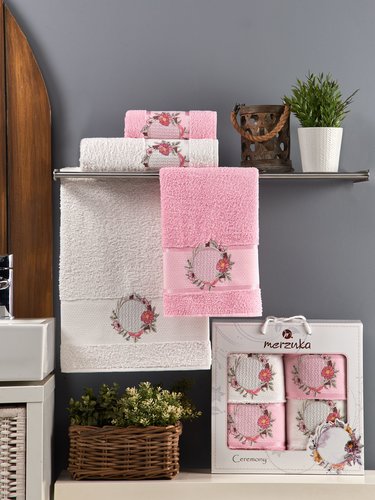 Подарочный набор полотенец для ванной 50х90(2), 70х140(2) Merzuka CEREMONY хлопковая махра розовый, фото, фотография