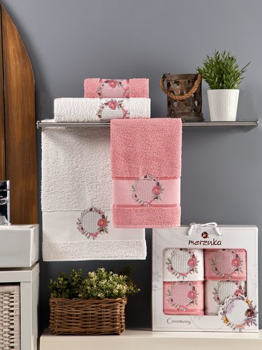 Подарочный набор полотенец для ванной 50х90(2), 70х140(2) Merzuka CEREMONY хлопковая махра светло-розовый, фото, фотография