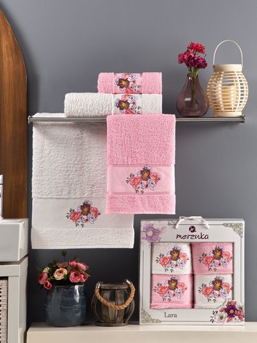 Подарочный набор полотенец для ванной 50х90(2), 70х140(2) Merzuka LARA хлопковая махра розовый, фото, фотография