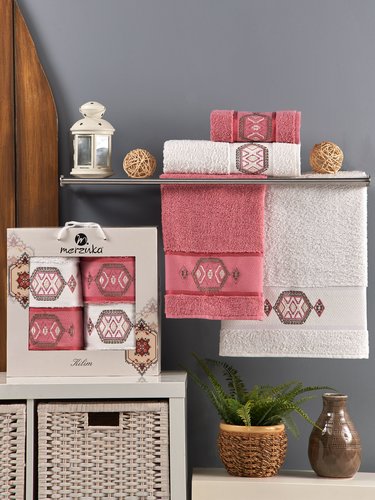 Подарочный набор полотенец для ванной 50х90(2), 70х140(2) Merzuka KILIM хлопковая махра тёмно-розовый, фото, фотография