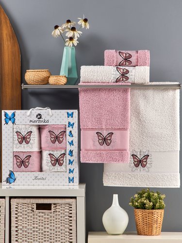 Подарочный набор полотенец для ванной 50х90(2), 70х140(2) Merzuka KONTES хлопковая махра розовый, фото, фотография